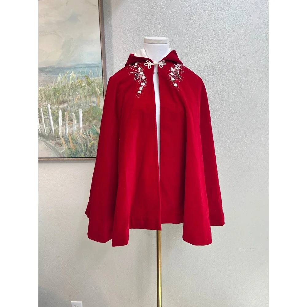 Vintage Red Velvet Hooded Cape Little Red Riding Hood Costume Cloak Cottagecore
